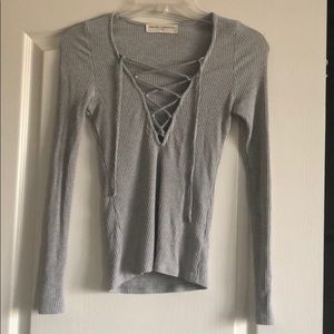 GREY drawstring front long sleeve UO top